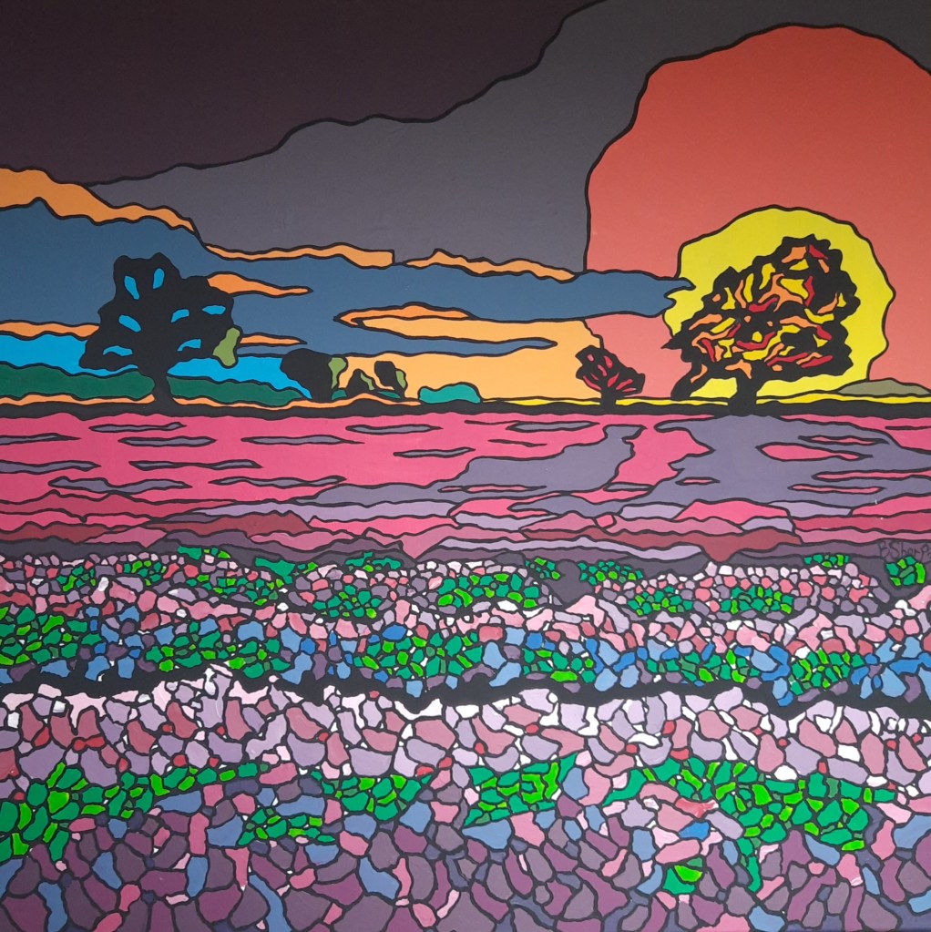 A vibrant landscape painting featuring a stylized sunset with bold colors, contrasting trees, and textured fields in shades of pink, green, and purple.