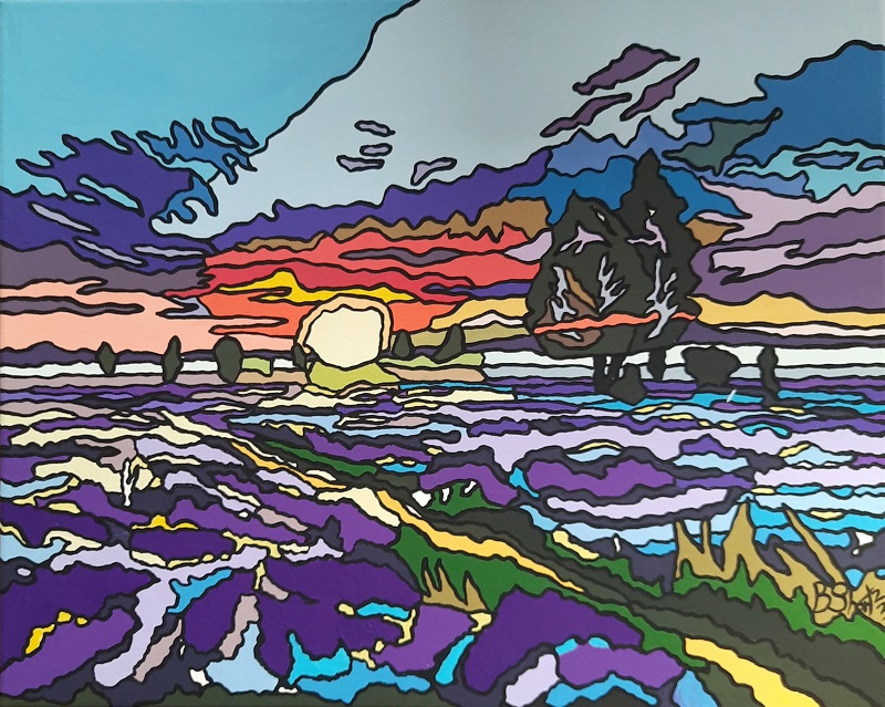 Abstrakte Landschaft mit verschiedenen Farben und geometrischen Formen, die einen Sonnenuntergang über einer waldreichen Landschaft darstellen.