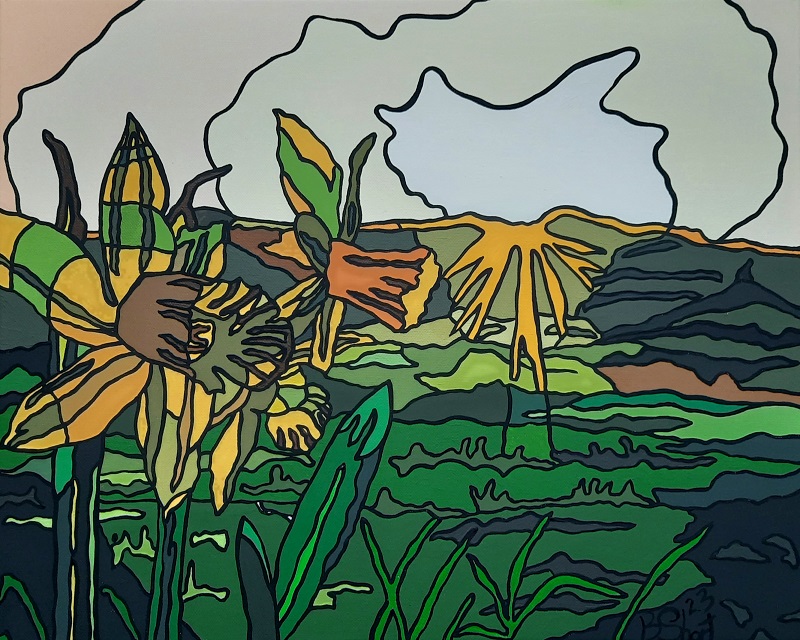 Ein farbenfrohes, abstraktes Gemälde von Blumen und einer Landschaft im Hintergrund, mit lebendigen Gelb- und Grüntönen sowie einem Sonnenaufgang.