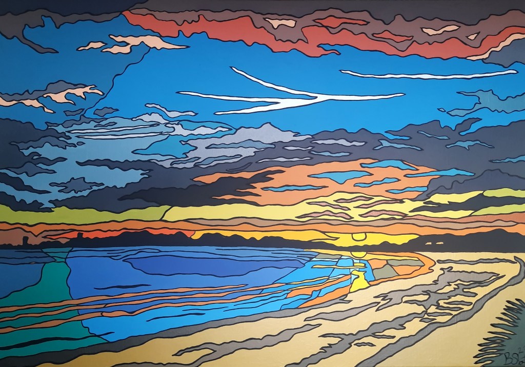 Ein farbenfrohes Landschaftsgemälde, das einen Himmel in lebhaften Blau- und Orangetönen darstellt, mit Wolkenformationen und einem Sonnenuntergang über einem Wasserlauf.