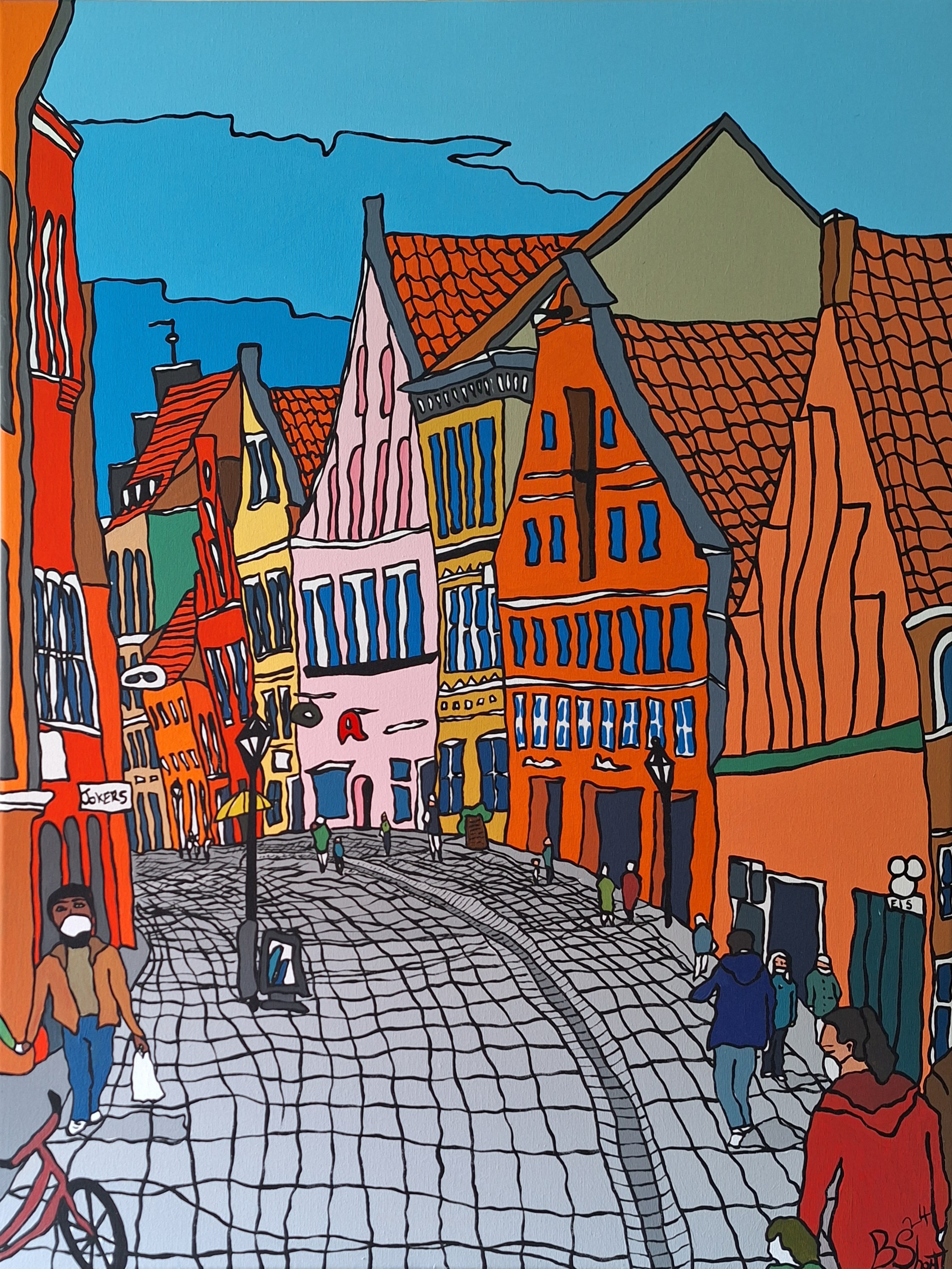 Buntes Stadtbild mit niedrigen, schmalen Häusern in verschiedenen Farben und einem gepflasterten Weg, auf dem Menschen spazieren. Einige Passanten tragen Masken. Heller Himmel mit leichten Wolken im Hintergrund.