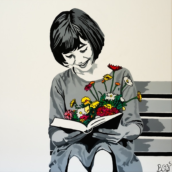 Ein Mädchen sitzt auf einer Bank und liest ein Buch, aus dem Blumen wachsen. Die Szene ist in einem modernen, grafischen Stil mit hellen Farben dargestellt.